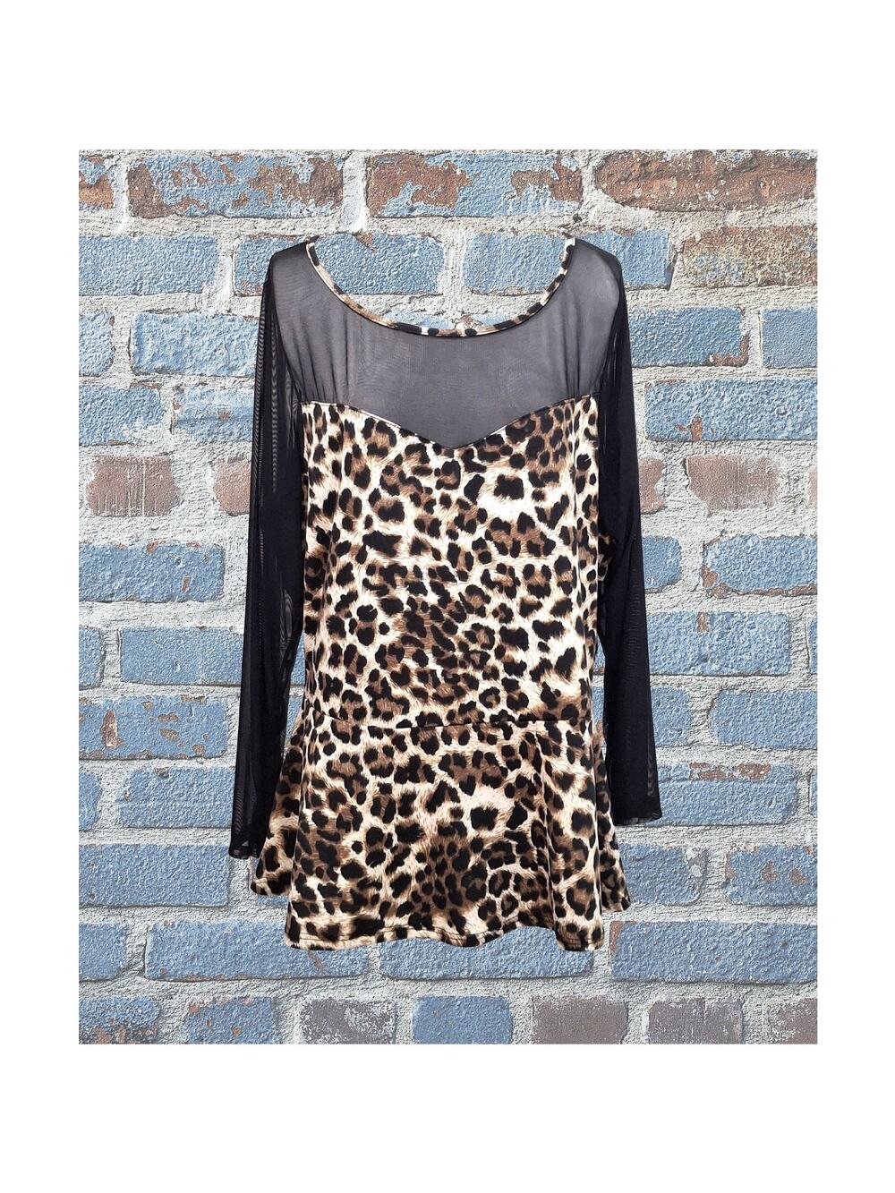 Annabelle 2X Animal Print Feminine Top Sheer Neckline and Sleeves